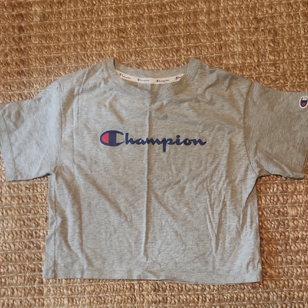 Champion Gray Short Sleeve Cropped Tee with Classic Logo Athleisure
